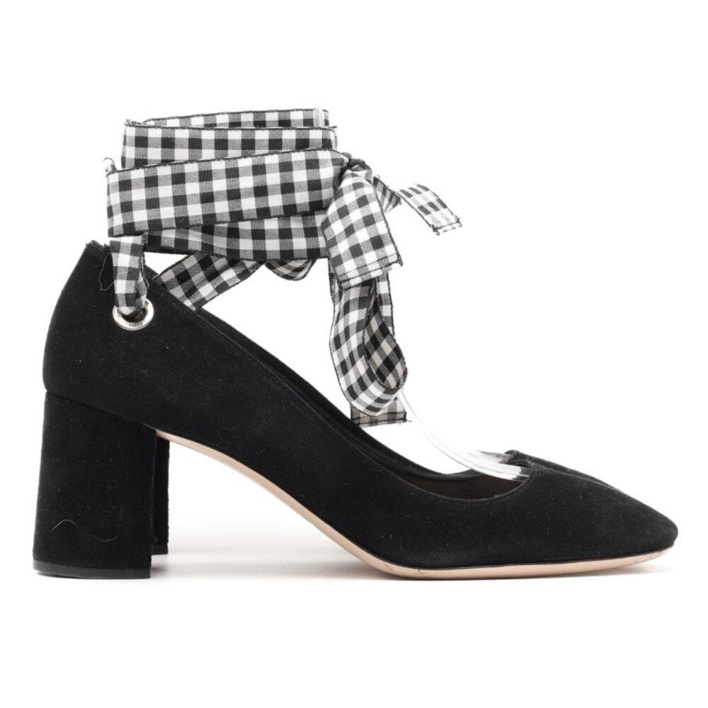 MIU MIU | Authentic Black Suede Gingham Ribbon Wrap-Around Block Heel Pumps | 41